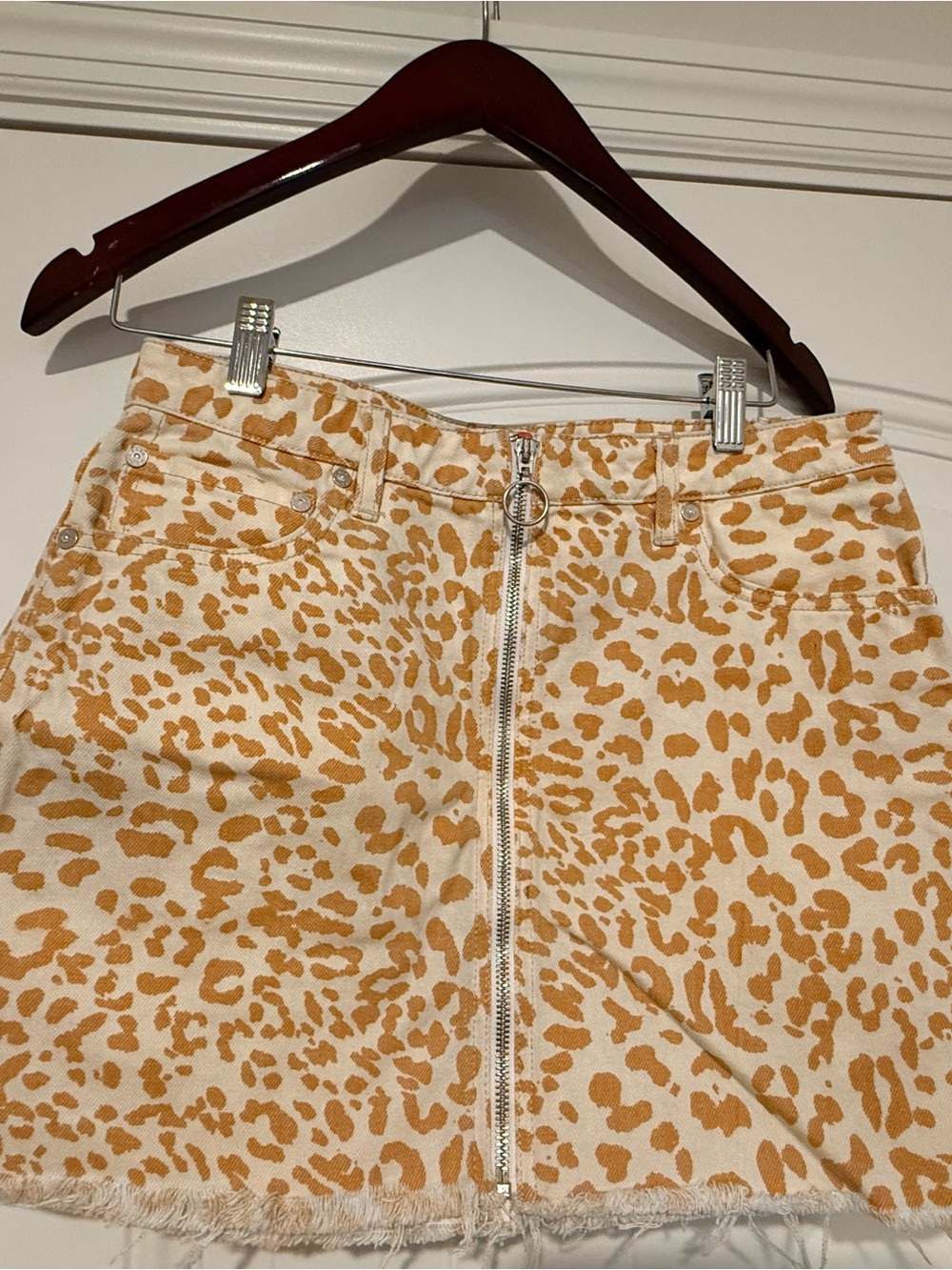 Leopard Print Zip-Front Denim Mini Skirt in Tan & Cream We the Free 28